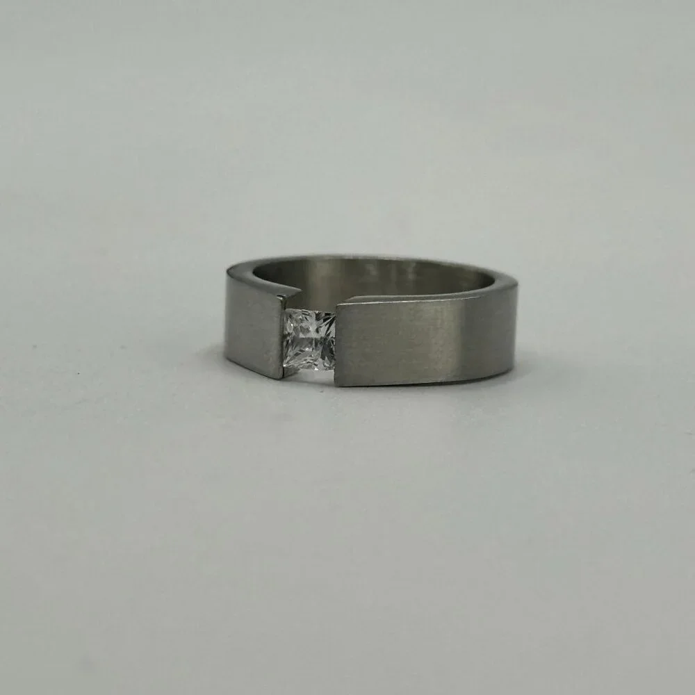 Stainless Steel Ring Size 6.5 Channel Set Clear Princess Cut Stone Modern Band - Picture 6 of 10
